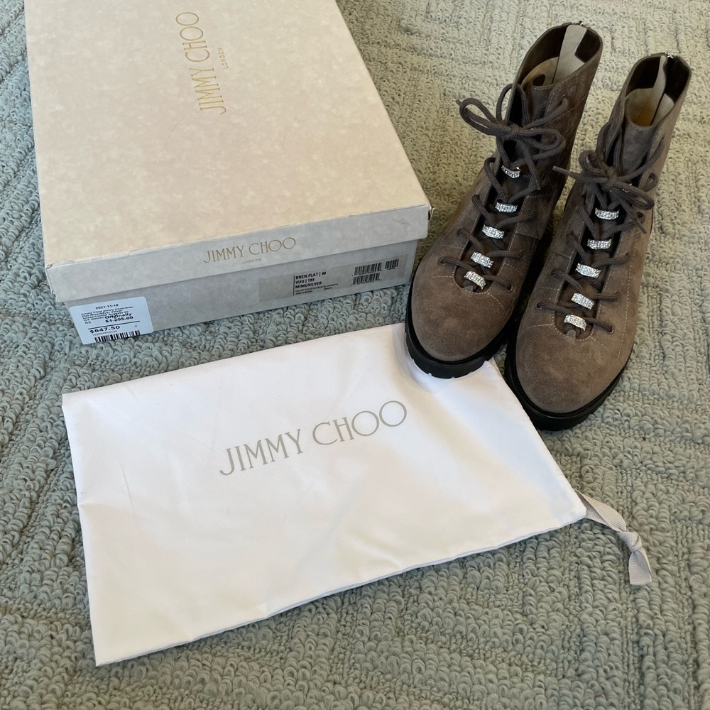 Brand New Jimmy Choo Bren Flat Mink Silver Combat Boots 40 Crystal